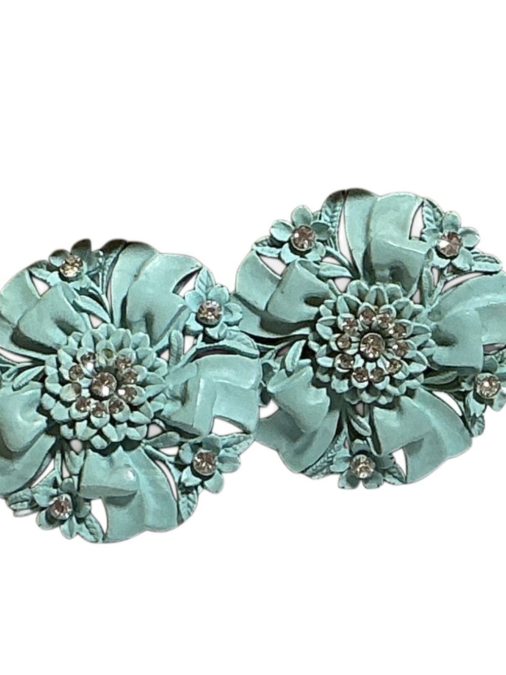 Vintage Featherweights 2.5" Turquoise Floral Rhinestone Clip-On Earrings - Picture 8 of 14